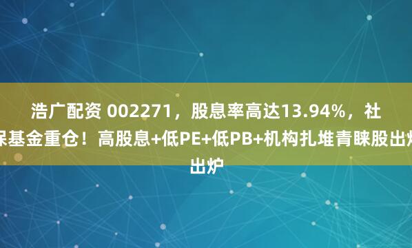 浩广配资 002271，股息率高达13.94%，社保基金重仓！高股息+低PE+低PB+机构扎堆青睐股出炉